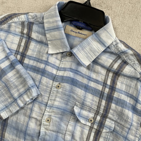 Tommy Bahama Linen Shirt Mens Medium Blue White Plaid‎ Pocket Button Up Vacation - Picture 1 of 9